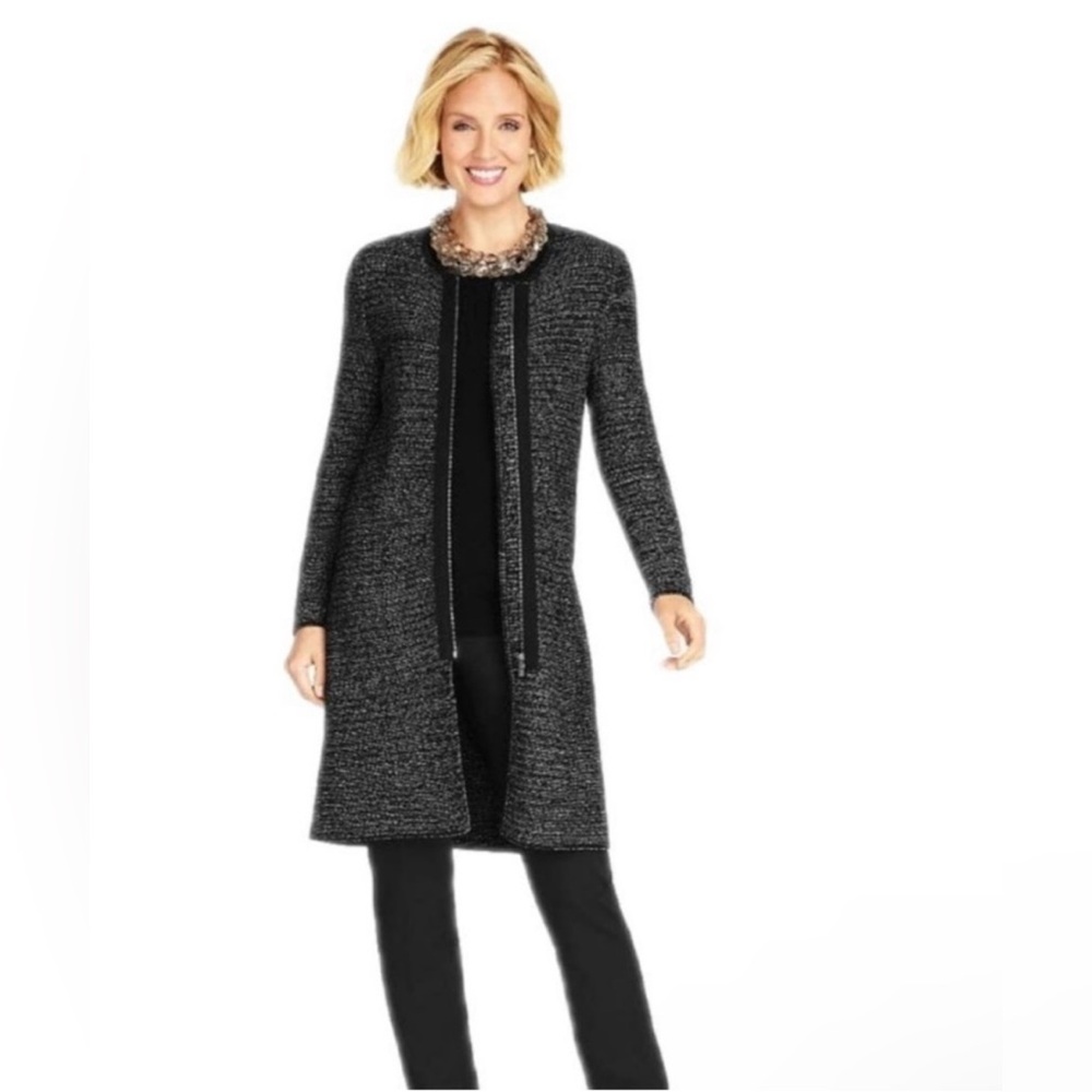Talbots Duster Cardigan Size Small Black & White Marled Front Zipper Cardigan 🖤